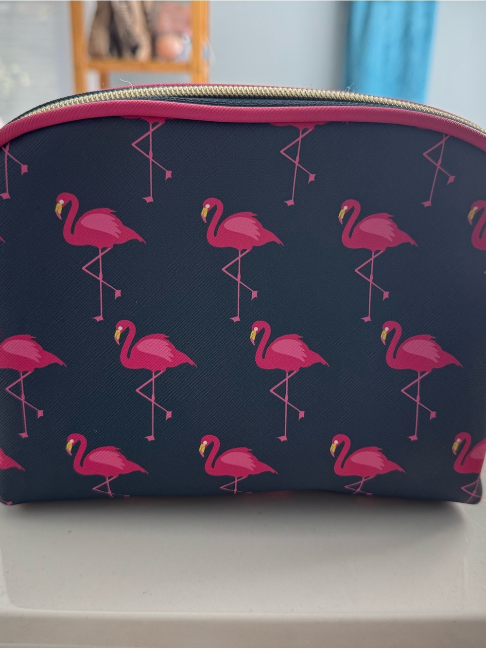 Dabney Lee Navy Cosmetic Pouch with Pink Flamingo Print